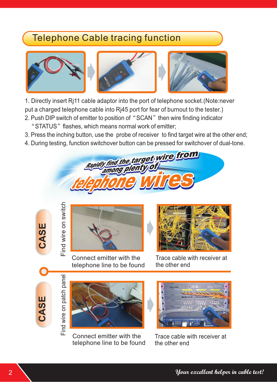 Telephone cable tracing function, Case, Your excellent helper in cable test! 2 | NOYAFA NF-889 User Manual | Page 4 / 12