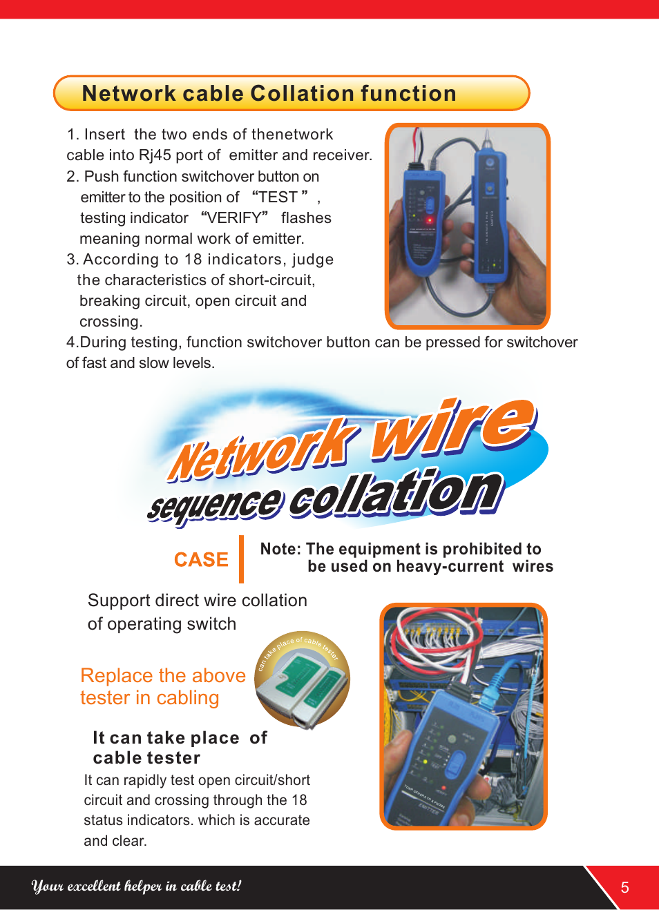 Network cable collation function, Replace the above tester in cabling, Your excellent helper in cable test! 5 | NOYAFA NF-889 User Manual | Page 7 / 12