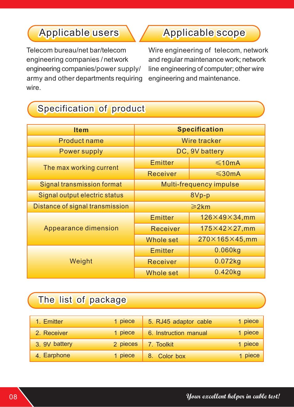 页 10, Applicable users, Applicable users applicable scope applicable scope | Specification of product, The list of package | NOYAFA NF-806R User Manual | Page 10 / 12