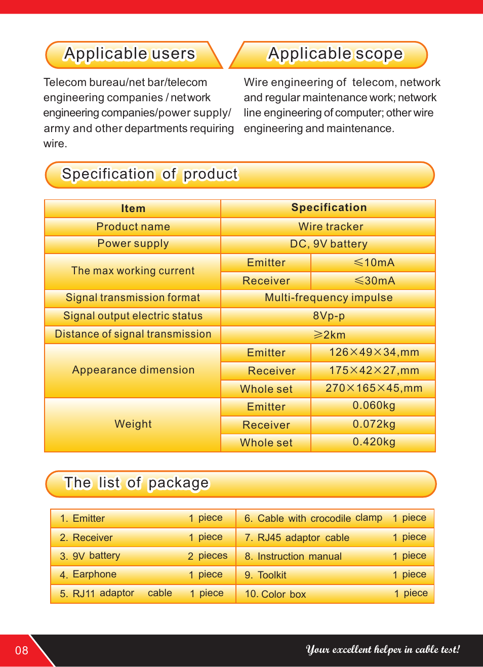 页 10, Applicable users, Applicable users applicable scope applicable scope | Specification of product, The list of package | NOYAFA NF-801R User Manual | Page 10 / 12