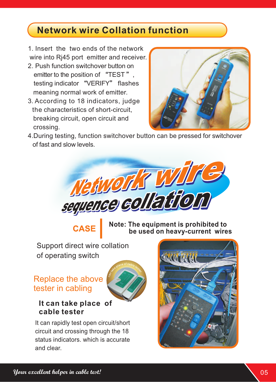 Network wire collation function, Replace the above tester in cabling | NOYAFA NF-801R User Manual | Page 7 / 12