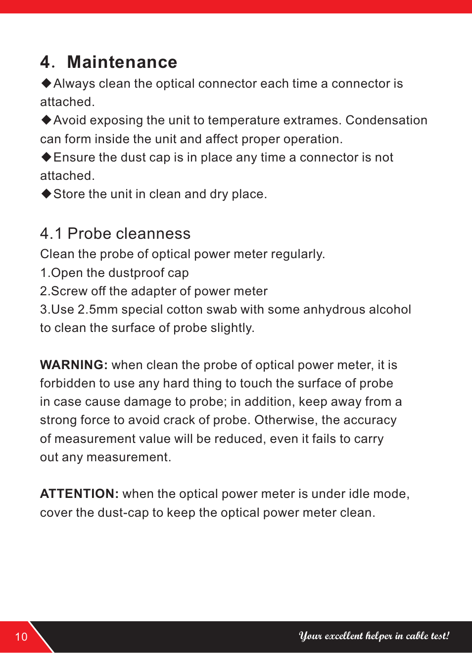 页 12, 4 ． maintenance, 1 probe cleanness | NOYAFA NF-906A User Manual | Page 12 / 16