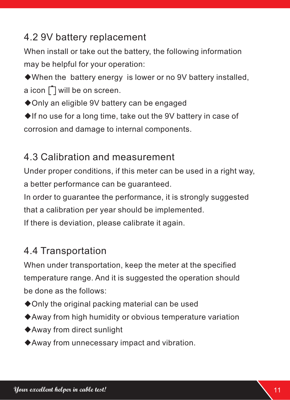 页 13, Your excellent helper, 2 9v battery replacement | 3 calibration and measurement, 4 transportation | NOYAFA NF-906A User Manual | Page 13 / 16