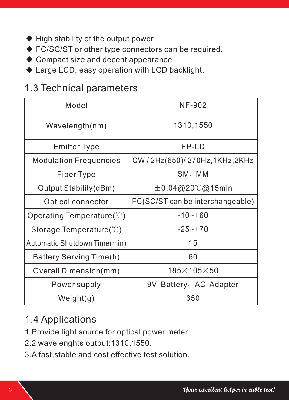 3 technical parameters, 4 applications | NOYAFA NF-902 User Manual | Page 4 / 12