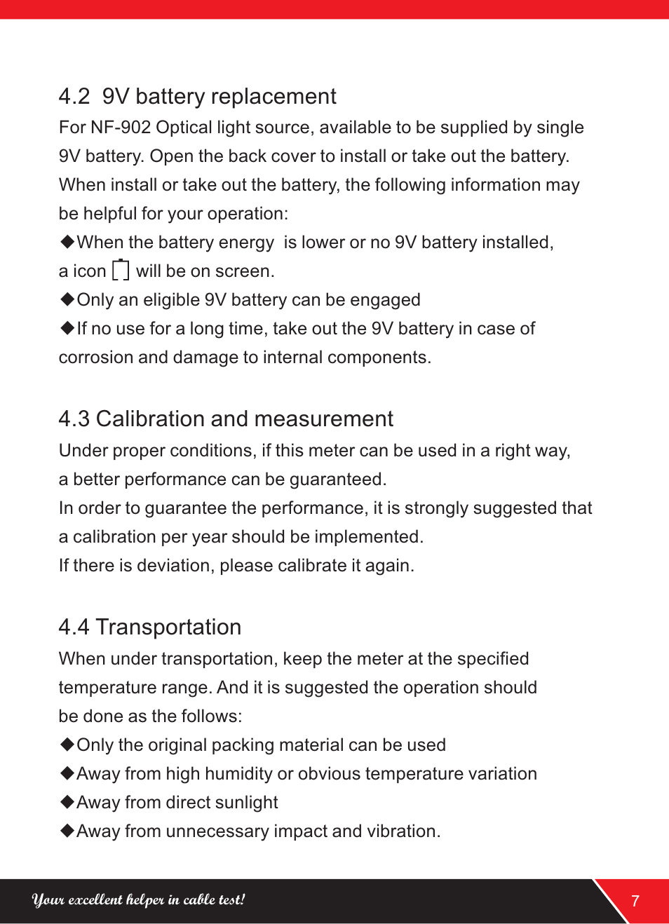 2 9v battery replacement, 3 calibration and measurement, 4 transportation | NOYAFA NF-902 User Manual | Page 9 / 12