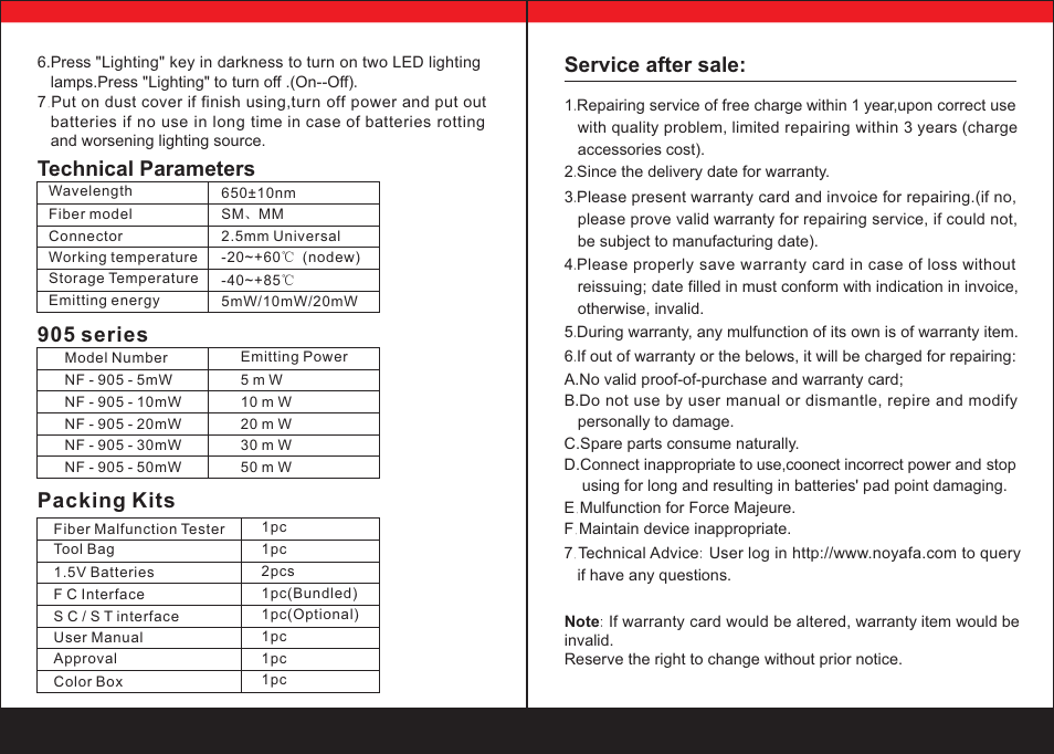 Service after sale, 905 series, Technical parameters | Packing kits | NOYAFA NF-905 User Manual | Page 4 / 4