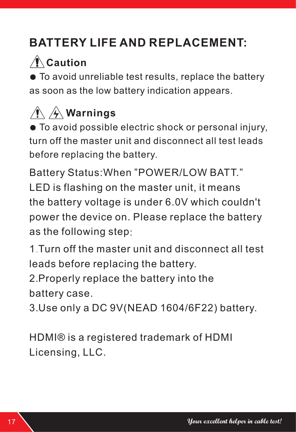 页 18, Battery life and replacement | NOYAFA NF-HDMI-II User Manual | Page 18 / 20