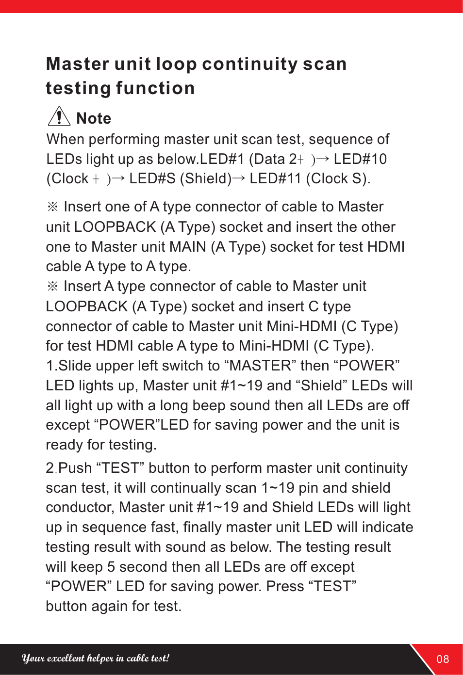 Master unit loop continuity scan testing function | NOYAFA NF-HDMI-II User Manual | Page 9 / 20
