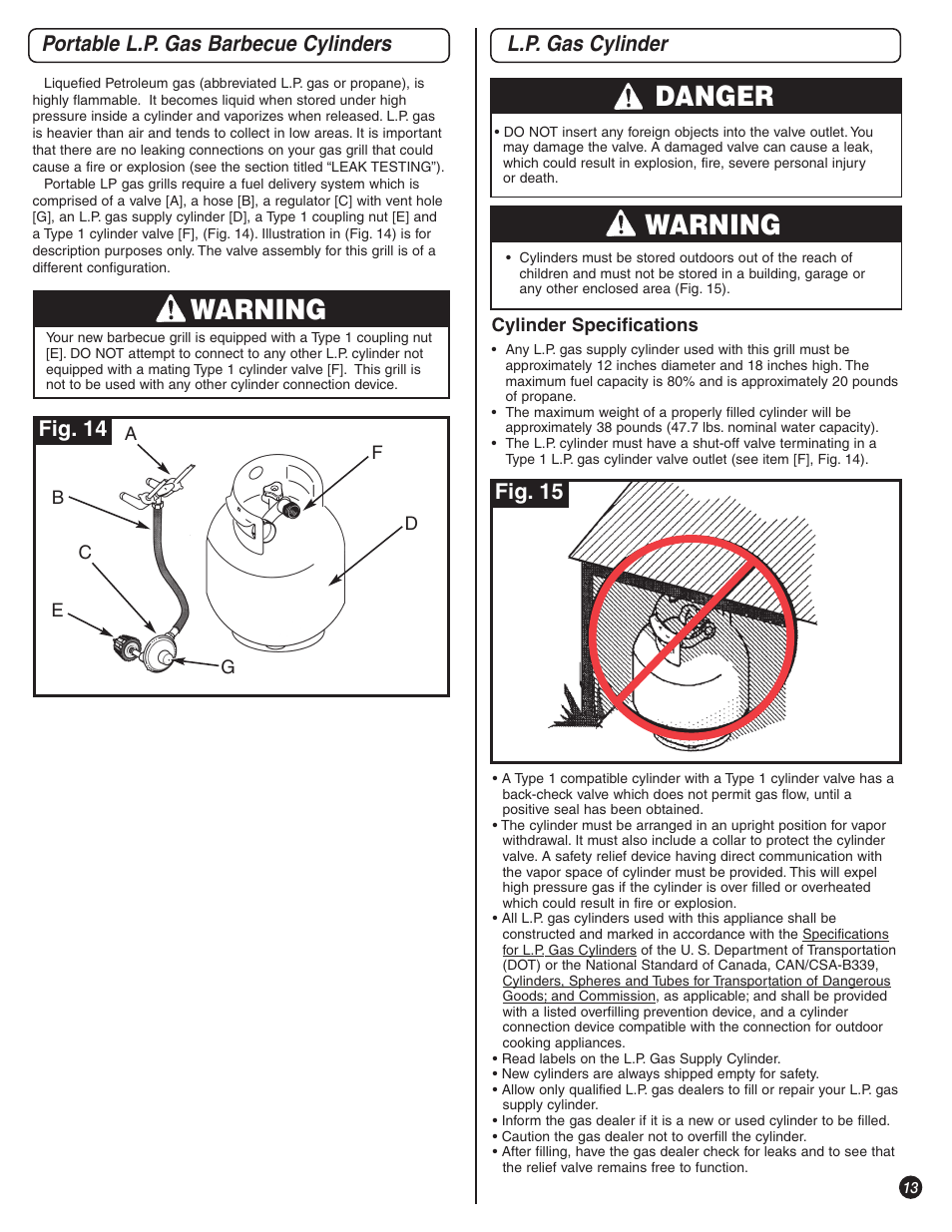 Warning, Danger, Portable l.p. gas barbecue cylinders | L.p. gas cylinder, Fig. 14, Fig. 15 | Coleman 9992-649 User Manual | Page 13 / 28
