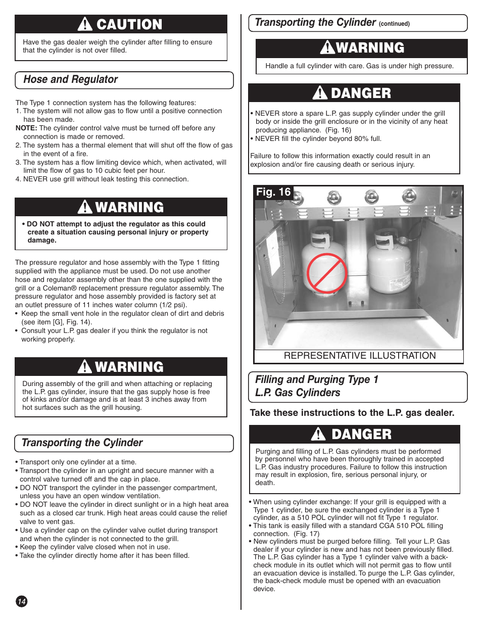 Caution, Warning, Danger | Hose and regulator, Transporting the cylinder | Coleman 9992-649 User Manual | Page 14 / 28