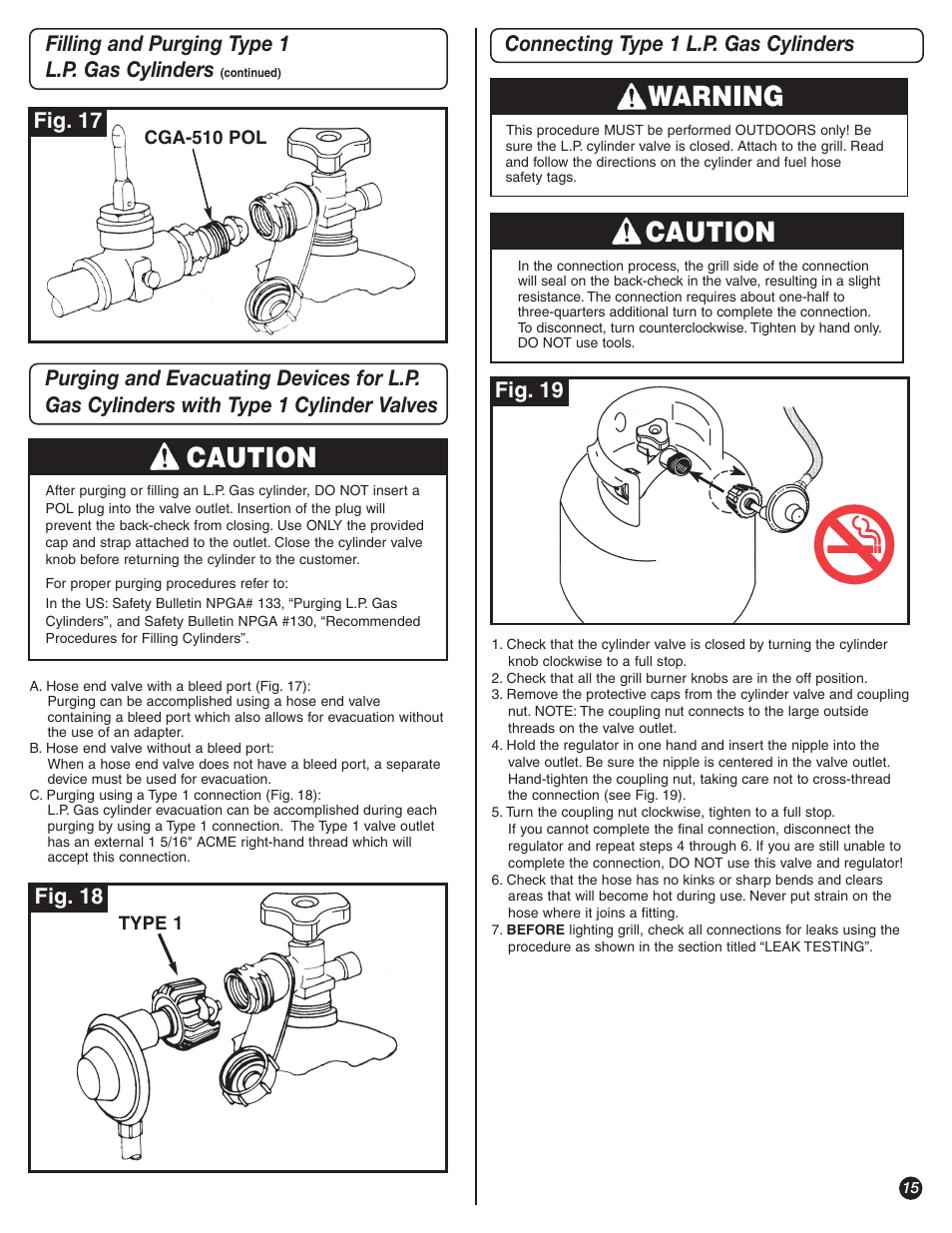 Caution, Warning, Fig. 17 fig. 18 | Connecting type 1 l.p. gas cylinders fig. 19 | Coleman 9992-649 User Manual | Page 15 / 28