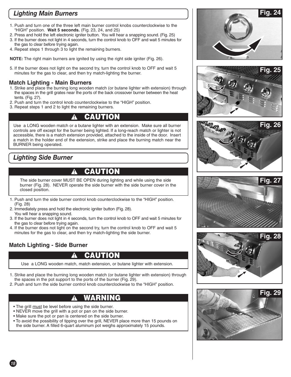 Caution, Warning, Lighting main burners lighting side burner | Fig. 25 fig. 24, Fig. 27 | Coleman 9992-649 User Manual | Page 18 / 28