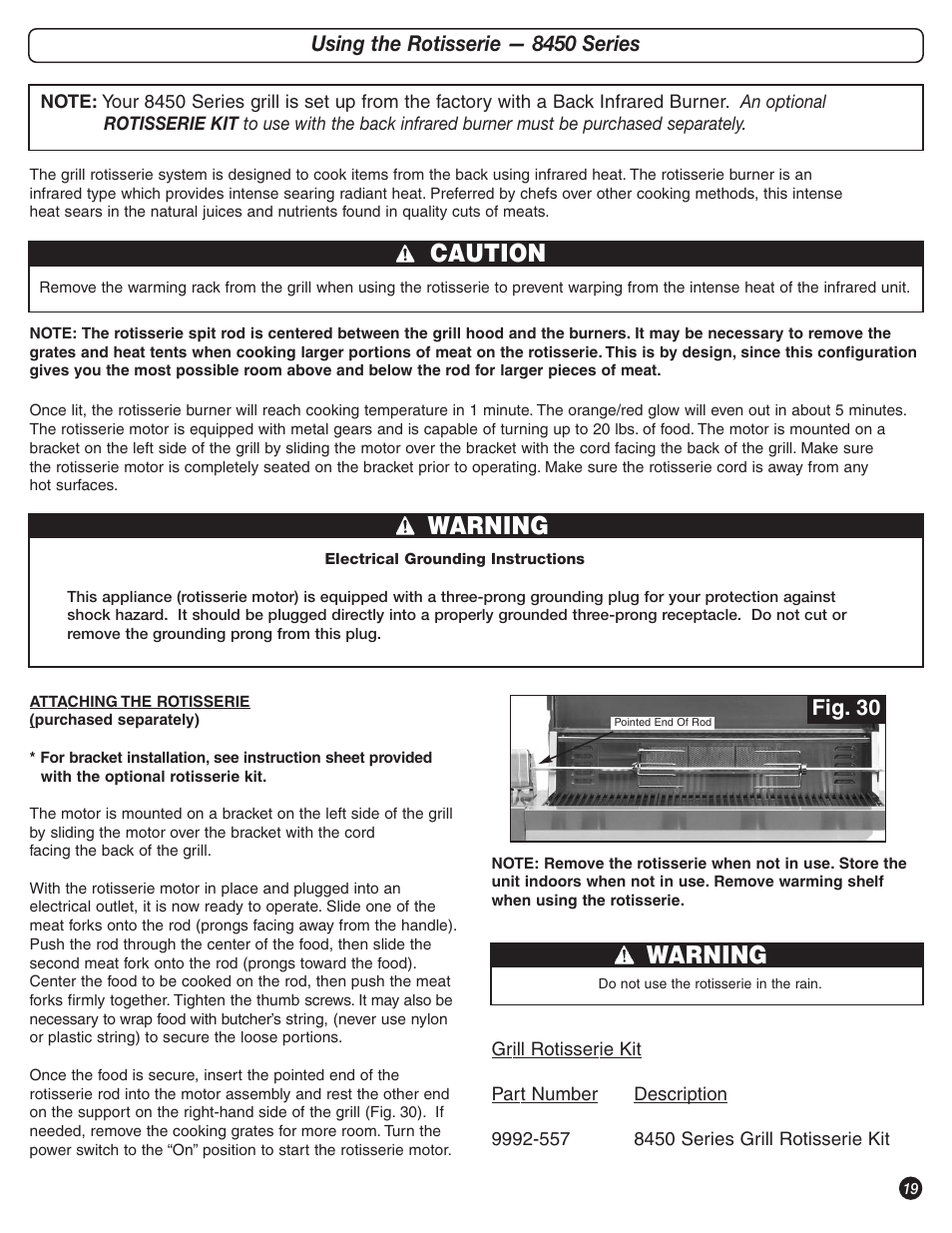 Caution, Warning, Using the rotisserie — 8450 series | Fig. 30 | Coleman 9992-649 User Manual | Page 19 / 28