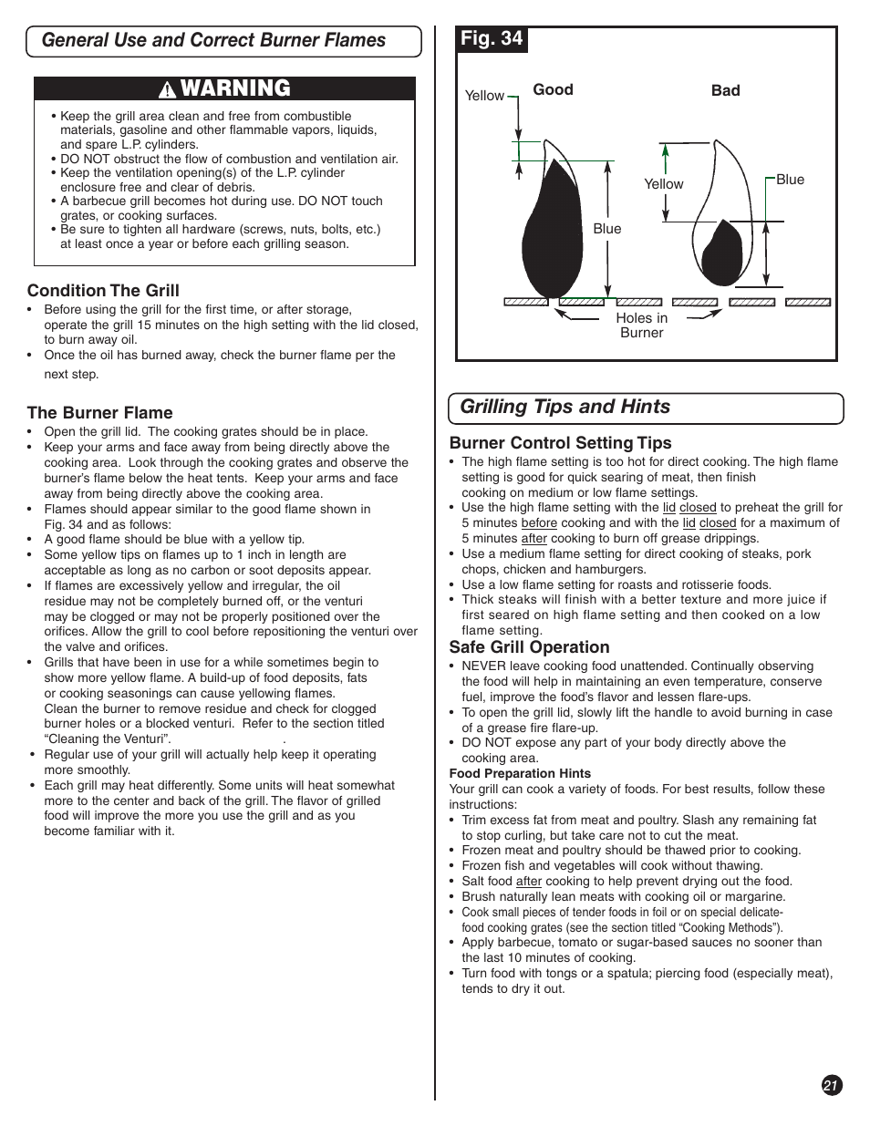 Warning, Grilling tips and hints, General use and correct burner flames | Fig. 34 | Coleman 9992-649 User Manual | Page 21 / 28