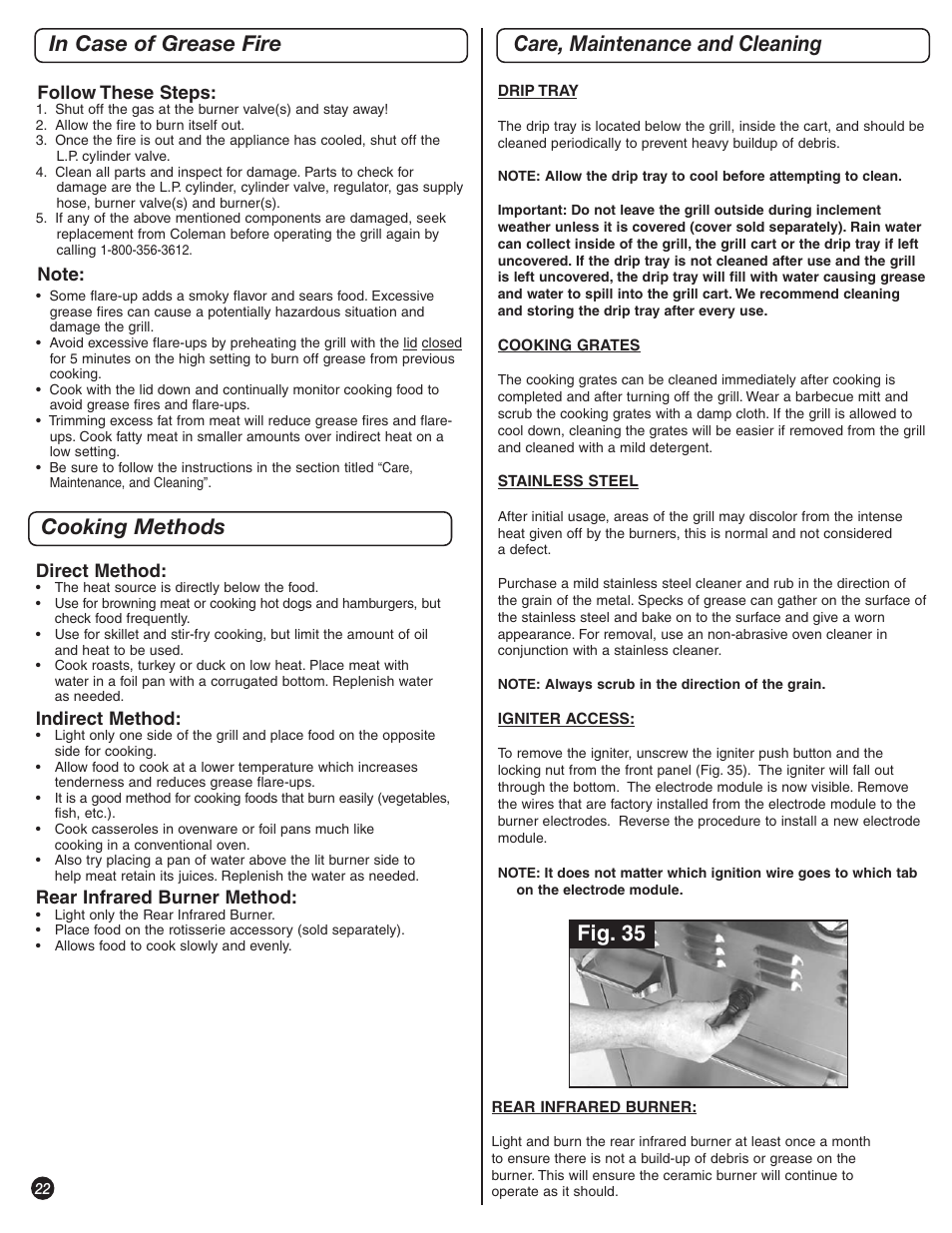 Cooking methods in case of grease fire, Care, maintenance and cleaning, Fig. 35 | Coleman 9992-649 User Manual | Page 22 / 28