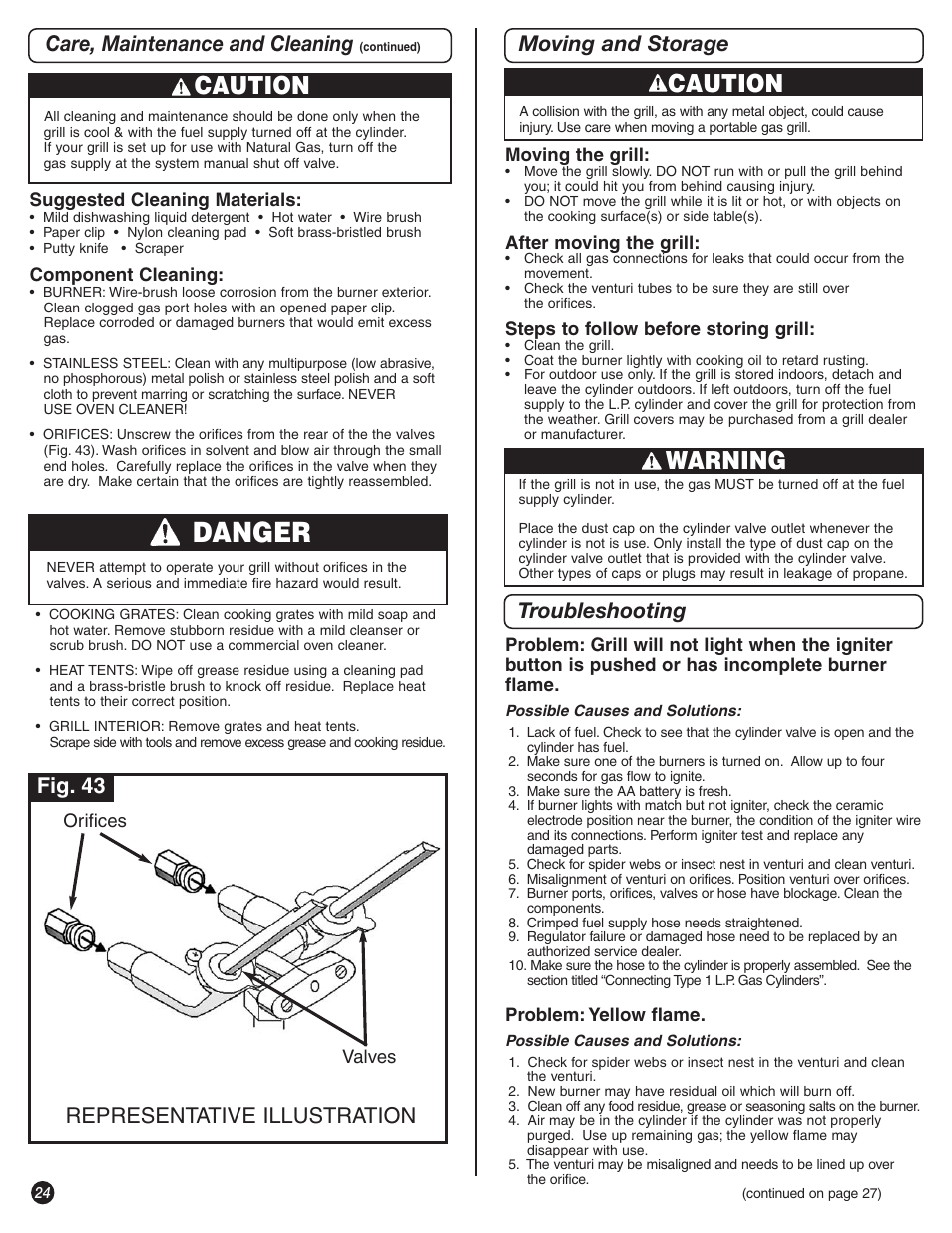 Danger, Caution, Warning | Care, maintenance and cleaning, Representative illustration, Moving and storage troubleshooting, Fig. 43 | Coleman 9992-649 User Manual | Page 24 / 28