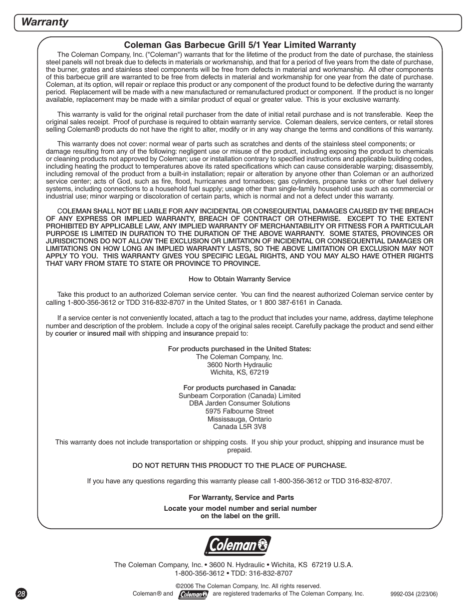 Warranty | Coleman 9992-649 User Manual | Page 28 / 28