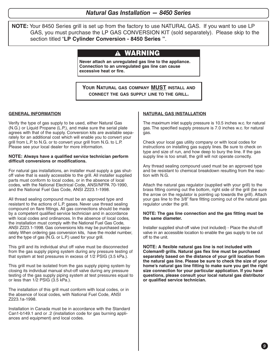 Warning, Natural gas installation — 8450 series | Coleman 9992-649 User Manual | Page 9 / 28
