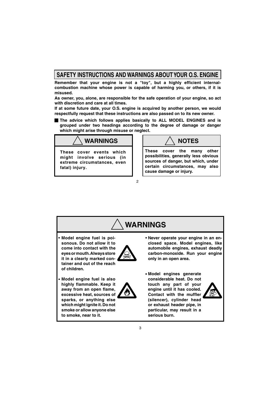 Warnings | O.S. Engines 12XZ User Manual | Page 2 / 20