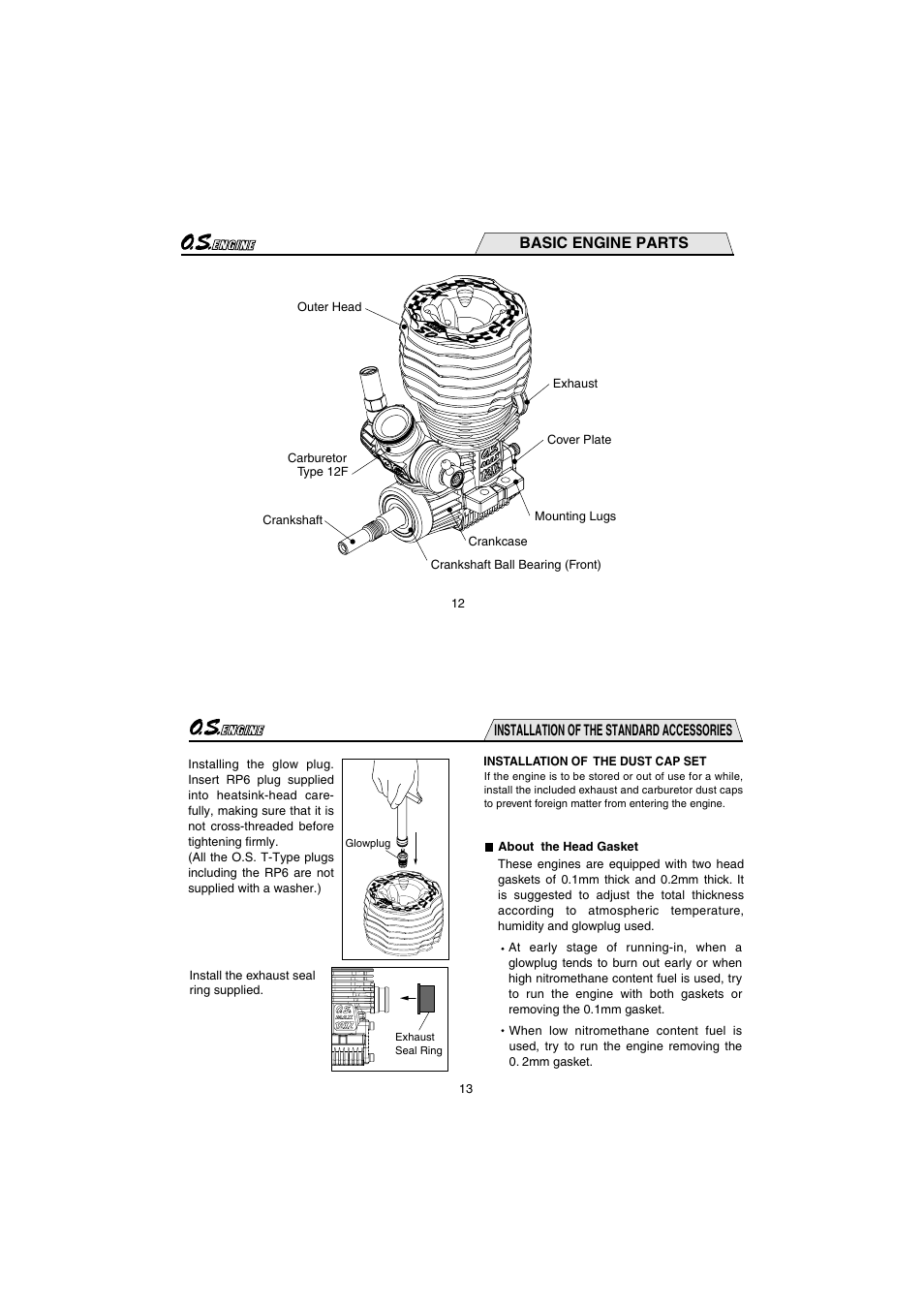 Basic engine parts, Installation of the standard accessories | O.S. Engines 12XZ User Manual | Page 7 / 20