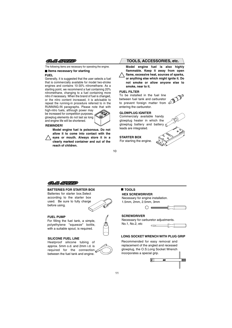 Tools, accessories, etc | O.S. Engines 12XZ Speed Spec II User Manual | Page 6 / 20