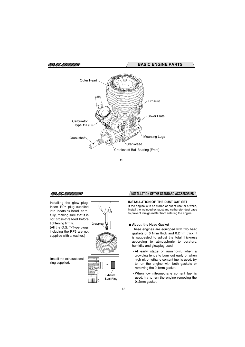 Basic engine parts, Installation of the standard accessories | O.S. Engines 12XZ Speed Spec II User Manual | Page 7 / 20