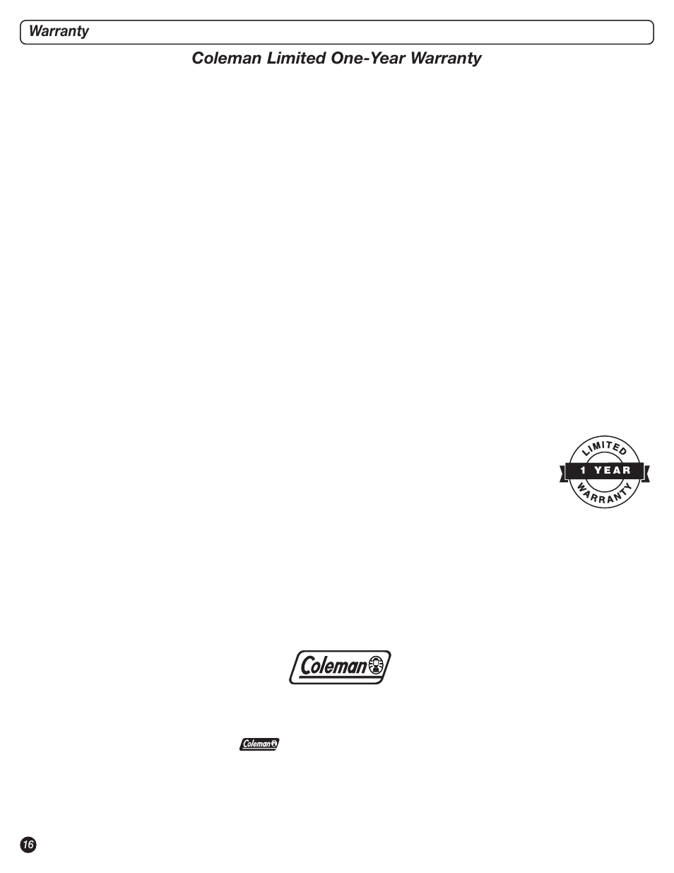 Coleman limited one-year warranty, Warranty | Coleman 9995A User Manual | Page 16 / 16
