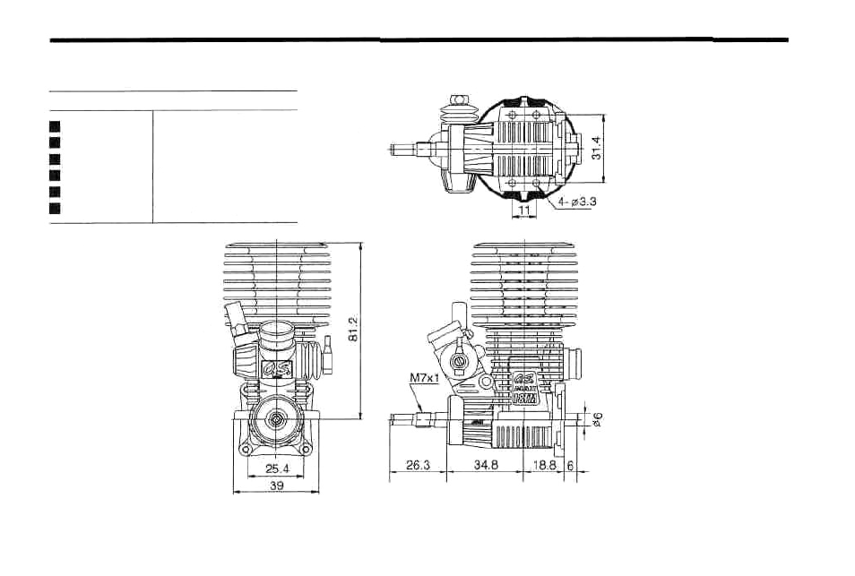 Three view drawing, 35 dimensions (mm) | O.S. Engines 18TM Revo User Manual | Page 36 / 44