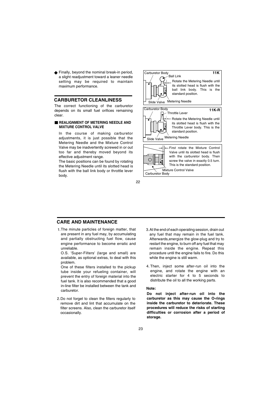 Carburetor cleanliness, Care and maintenance | O.S. Engines 21TM User Manual | Page 12 / 21