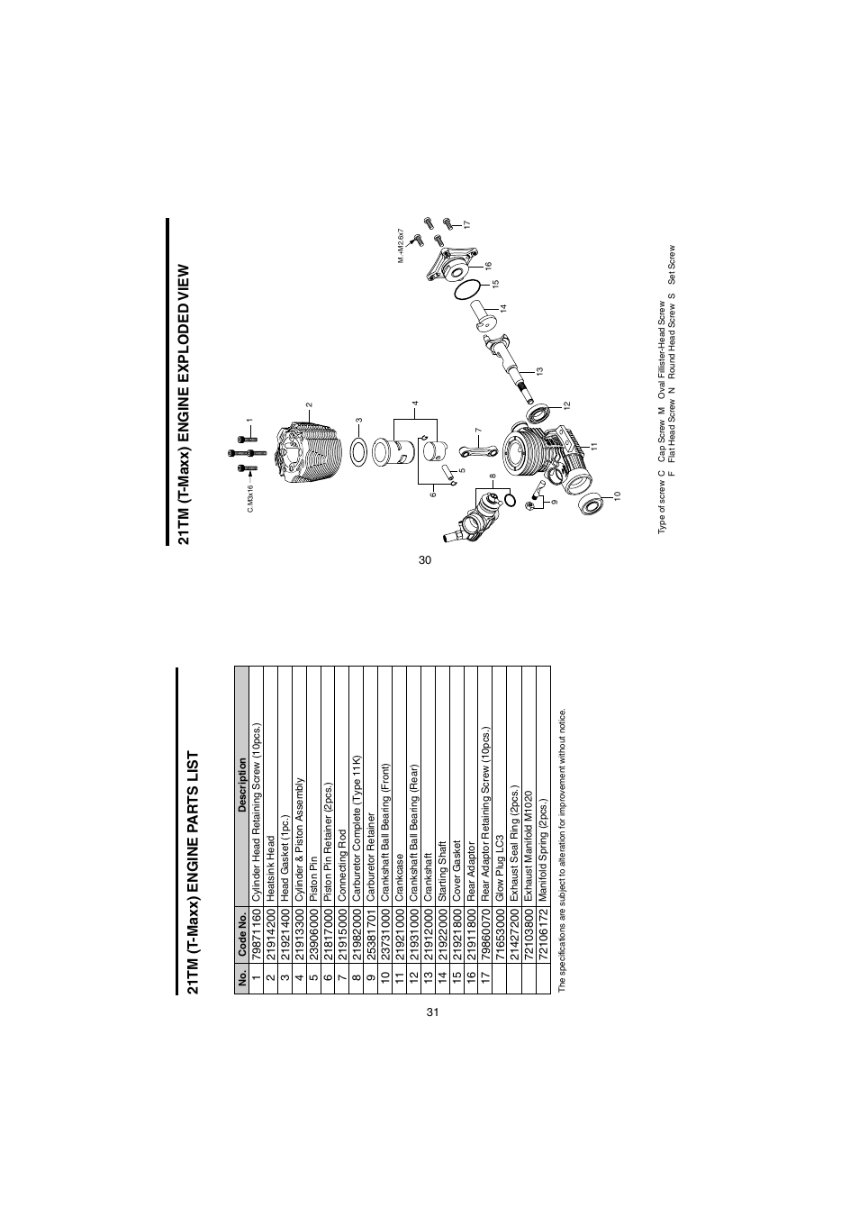 21tm (t -maxx) engine exploded view, 21tm (t -maxx) engine pa r ts list | O.S. Engines 21TM User Manual | Page 16 / 21