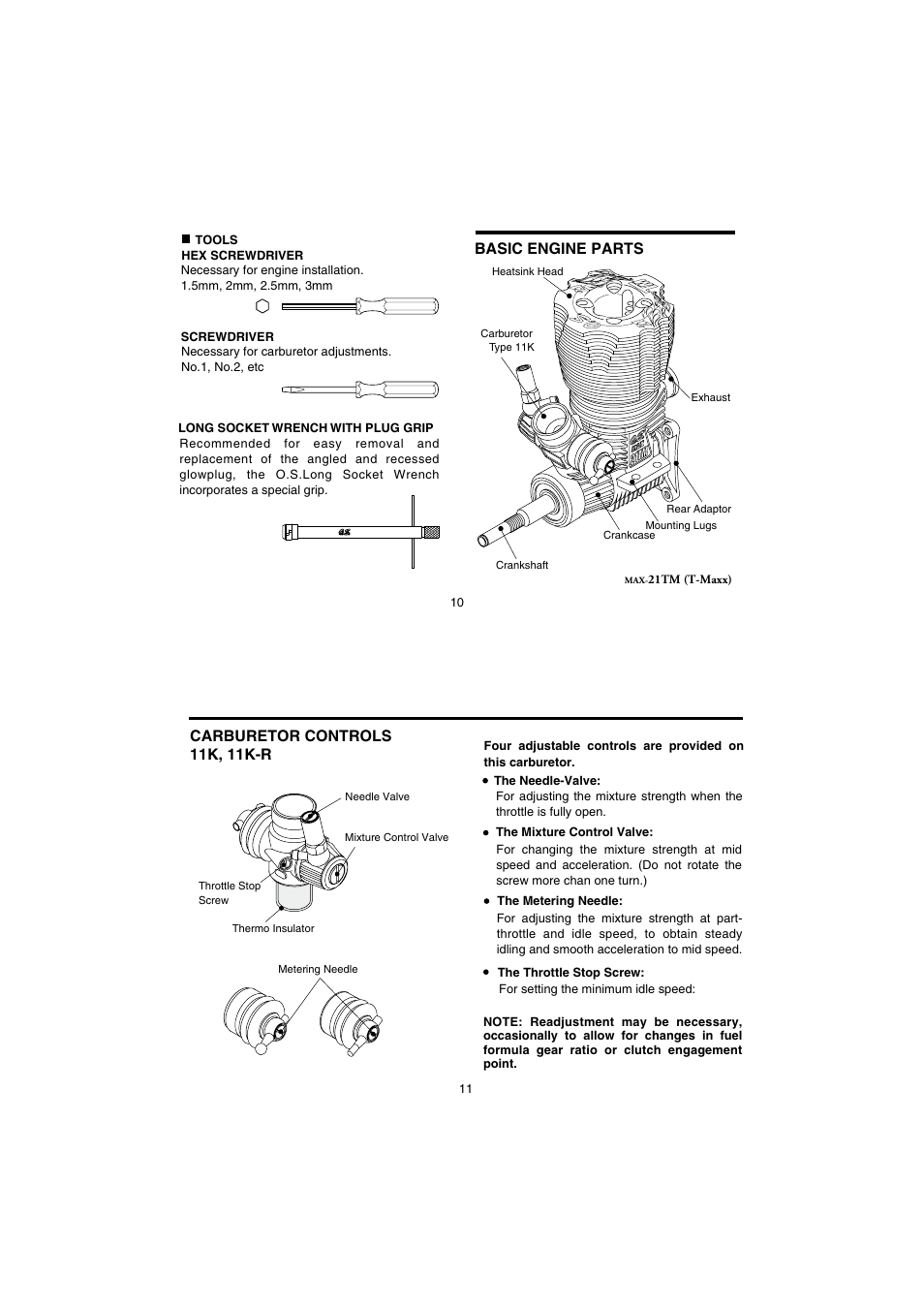 Basic engine parts, Carburetor controls 11k, 11k-r | O.S. Engines 21TM User Manual | Page 6 / 21
