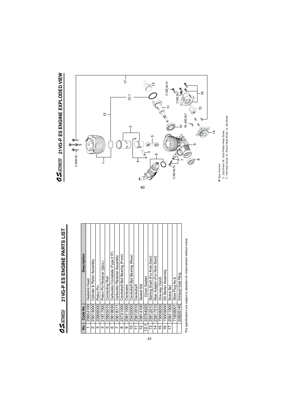 21v g-p es engine exploded view, 21v g-p es engine pa r ts list | O.S. Engines 21VG-PX User Manual | Page 21 / 25