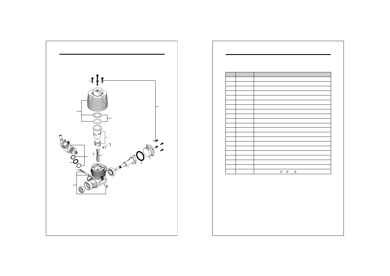 Engine exploded view, Engine parts list | O.S. Engines 21VZ-B User Manual | Page 11 / 14