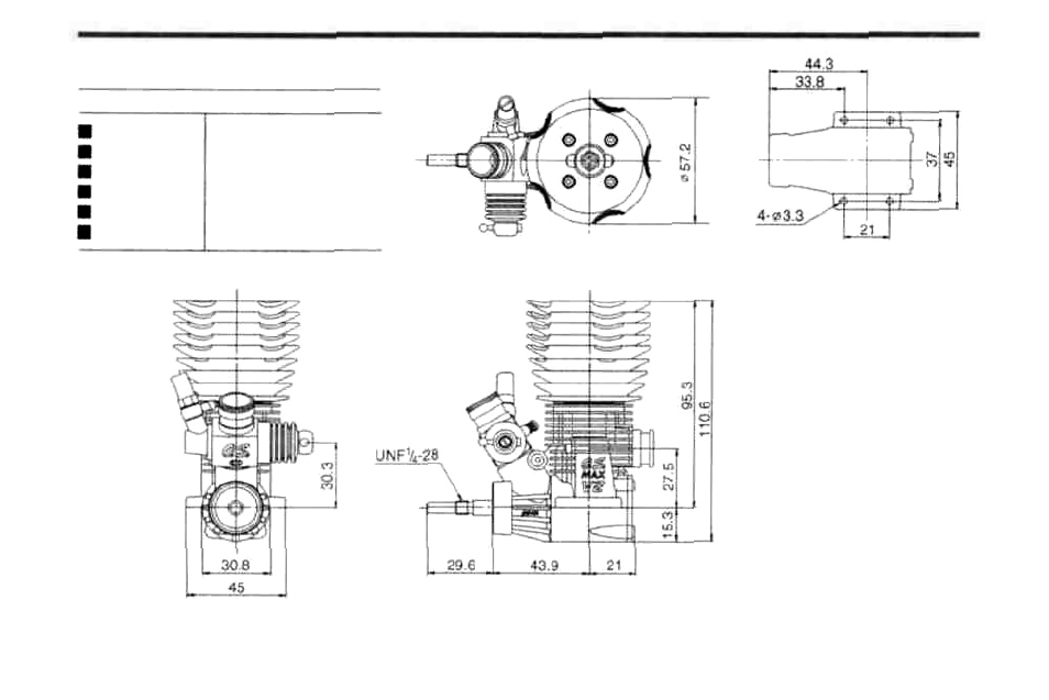 Three view drawing, 36 dimensions (mm) | O.S. Engines 21VZ-B V-Spec User Manual | Page 37 / 38