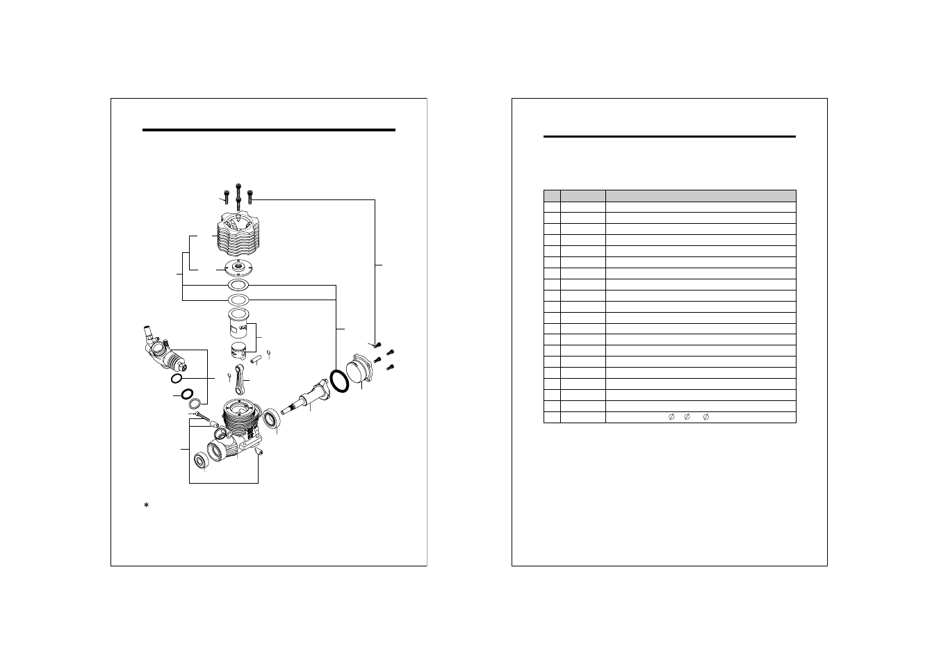 Engine exploded view, Engine parts list | O.S. Engines 21VZ-R Turbo II User Manual | Page 10 / 12