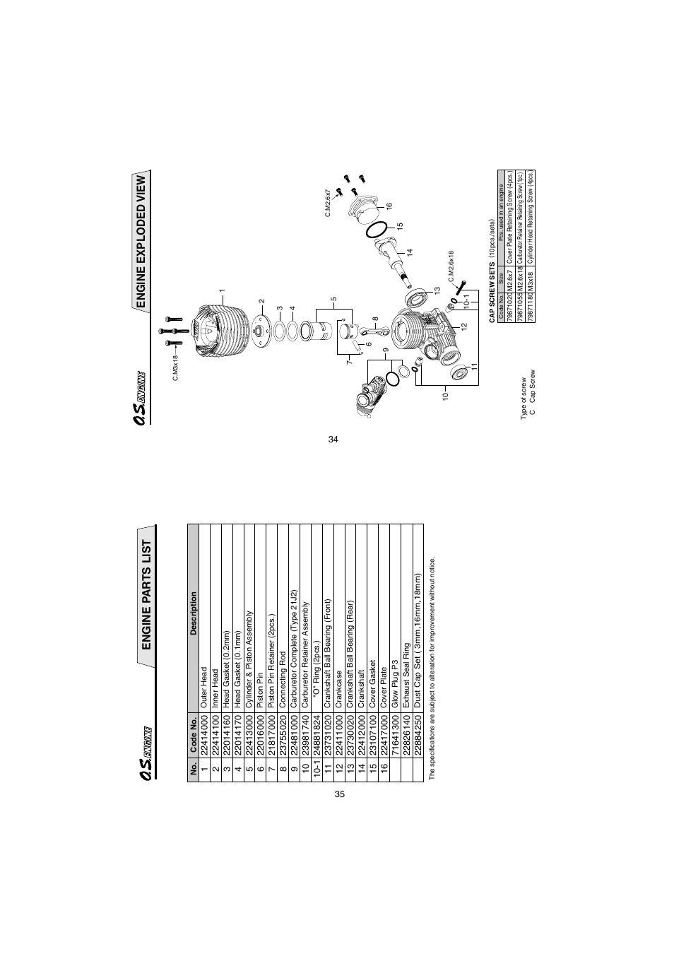 Engine exploded view, Engine pa r ts list | O.S. Engines 21XZ-B User Manual | Page 18 / 21