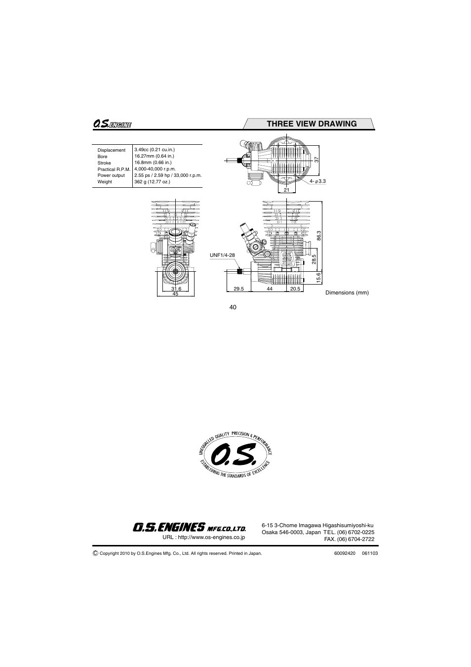 Three view drawing | O.S. Engines 21XZ-B User Manual | Page 21 / 21