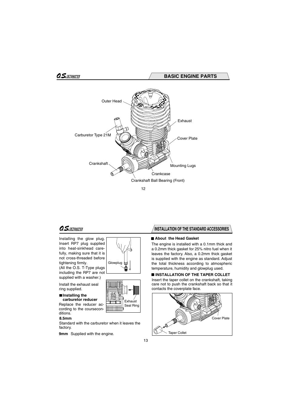 Basic engine parts, Installation of the standard accessories | O.S. Engines 21XZ-R User Manual | Page 7 / 20