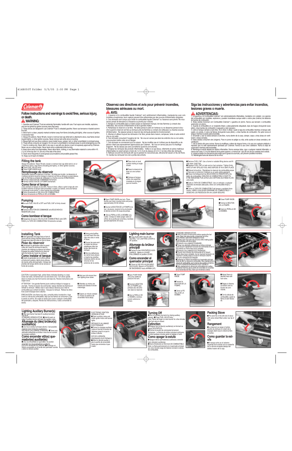 Filling the tank, Remplissage du réservoir, Como llenar el tanque | Pumping, Pompage, Como bombear el tanque, Installing tank, Pose du réservoir, Como instalar el tanque, Lighting main burner | Coleman Dual Fuel Stove User Manual | Page 2 / 2