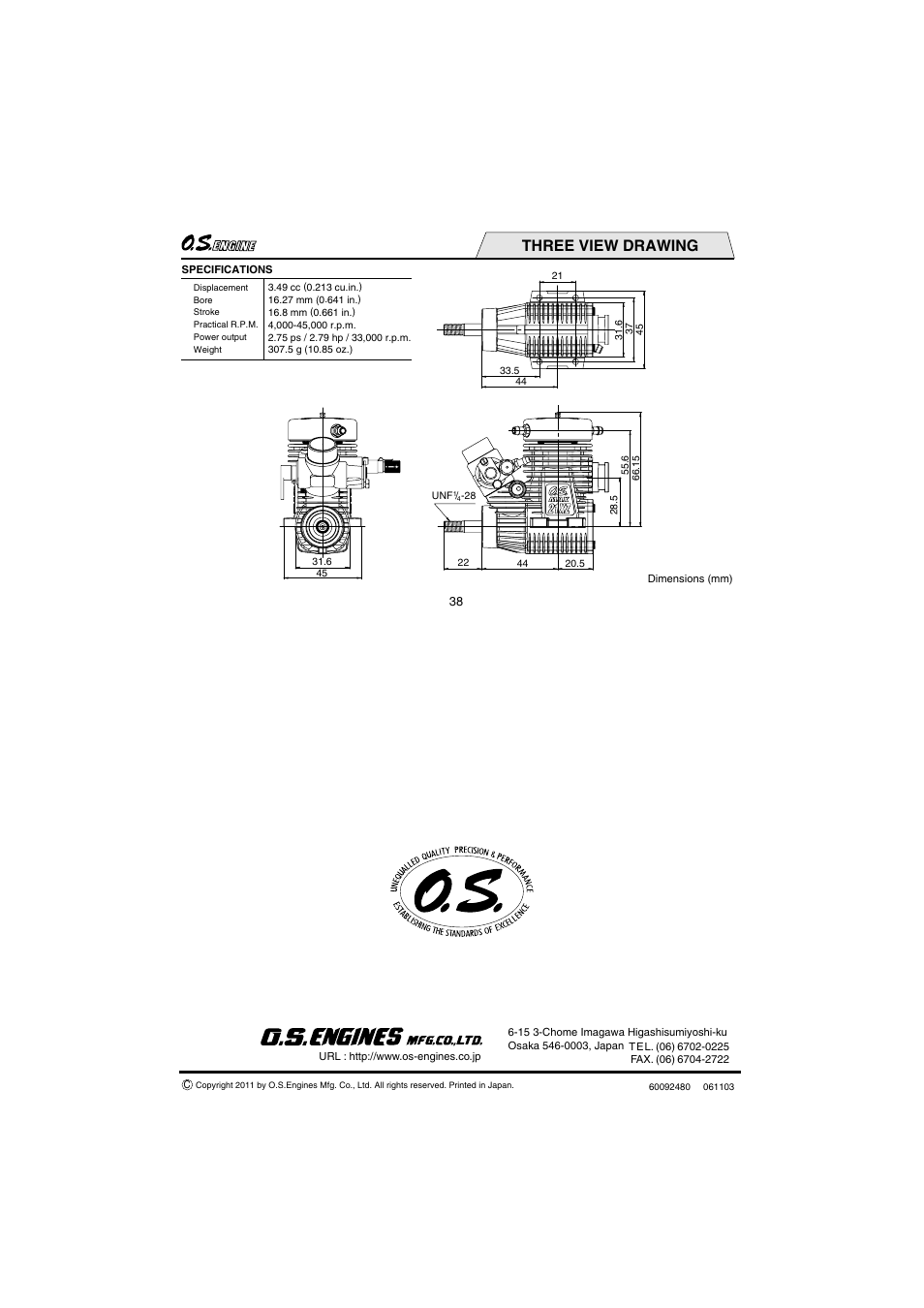 Three view drawing | O.S. Engines 21XZ-M User Manual | Page 20 / 20