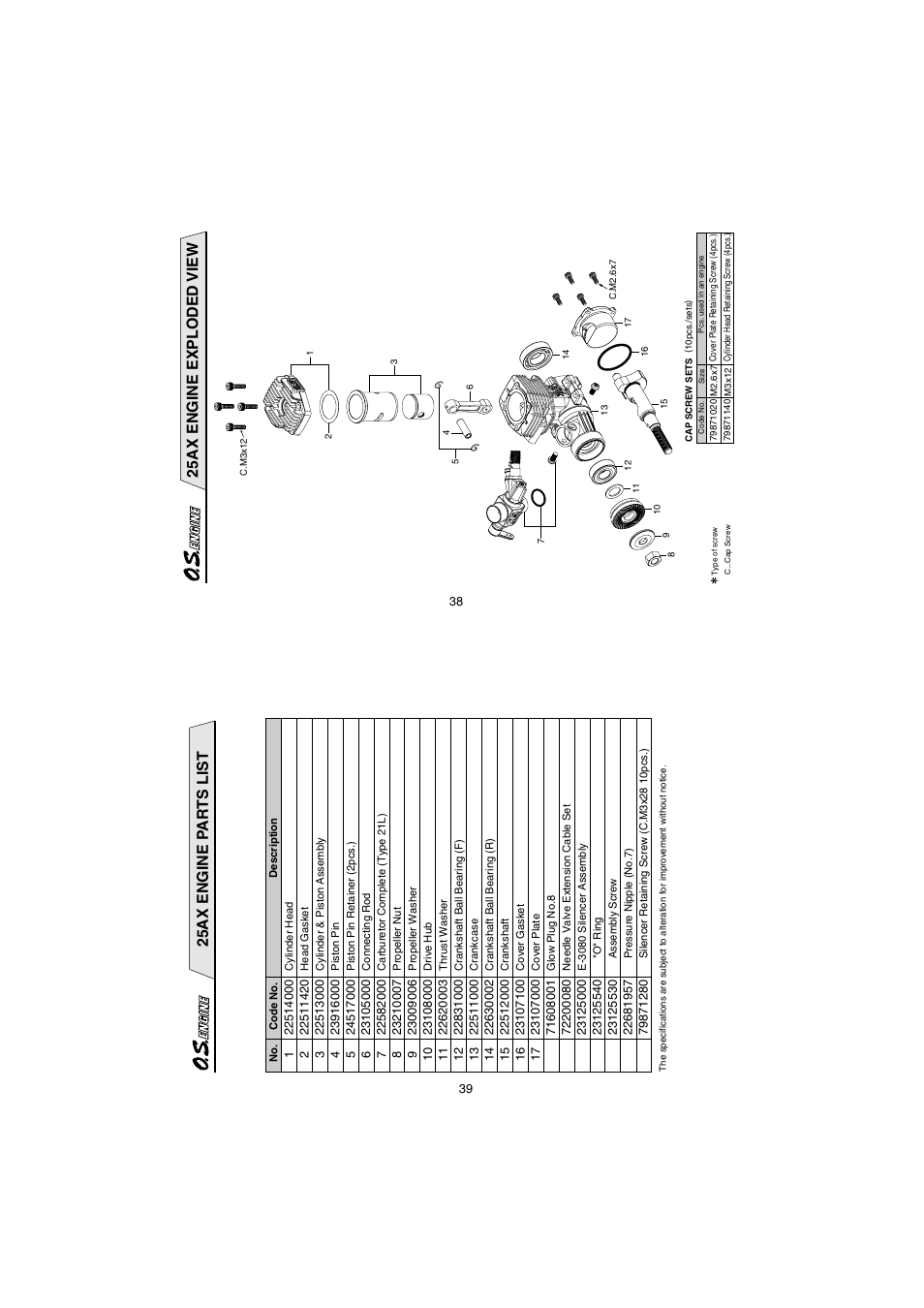 25ax engine exploded view, 25ax engine pa r ts list | O.S. Engines 35AX User Manual | Page 20 / 26