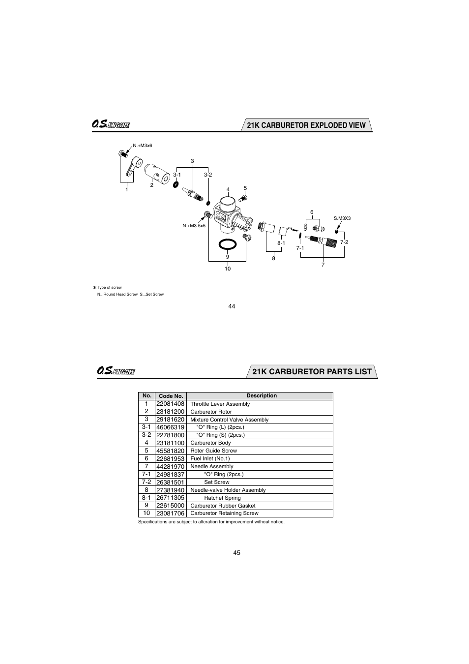 21k carburetor exploded view, 21k carburetor parts list | O.S. Engines 35AX User Manual | Page 23 / 26