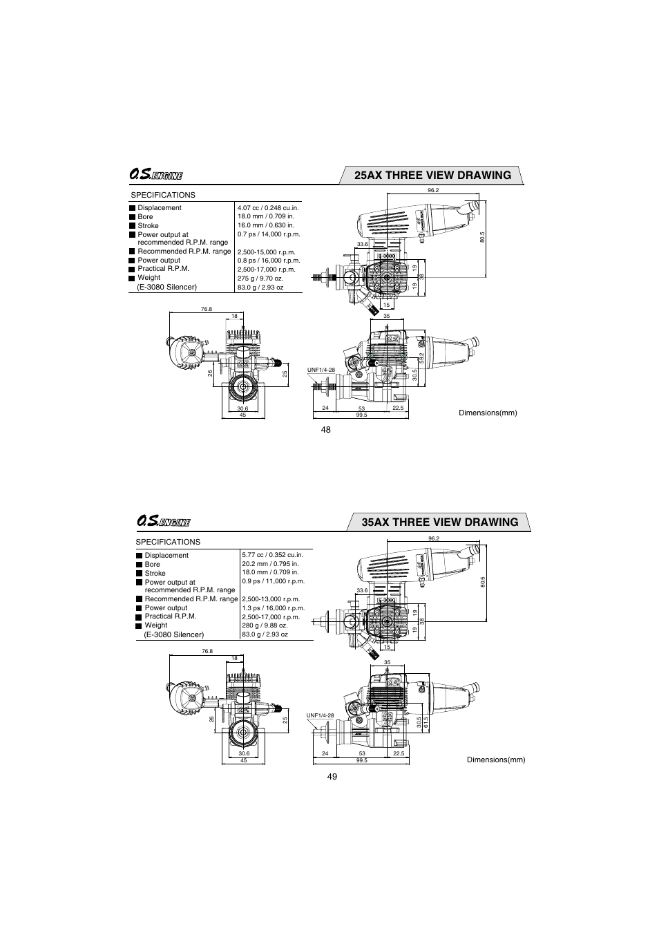 25ax three view drawing, 35ax three view drawing | O.S. Engines 35AX User Manual | Page 25 / 26