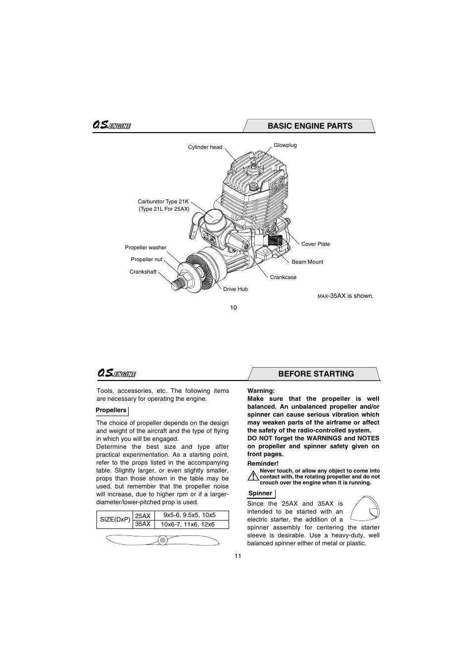 Basic engine parts, Before starting | O.S. Engines 35AX User Manual | Page 6 / 26