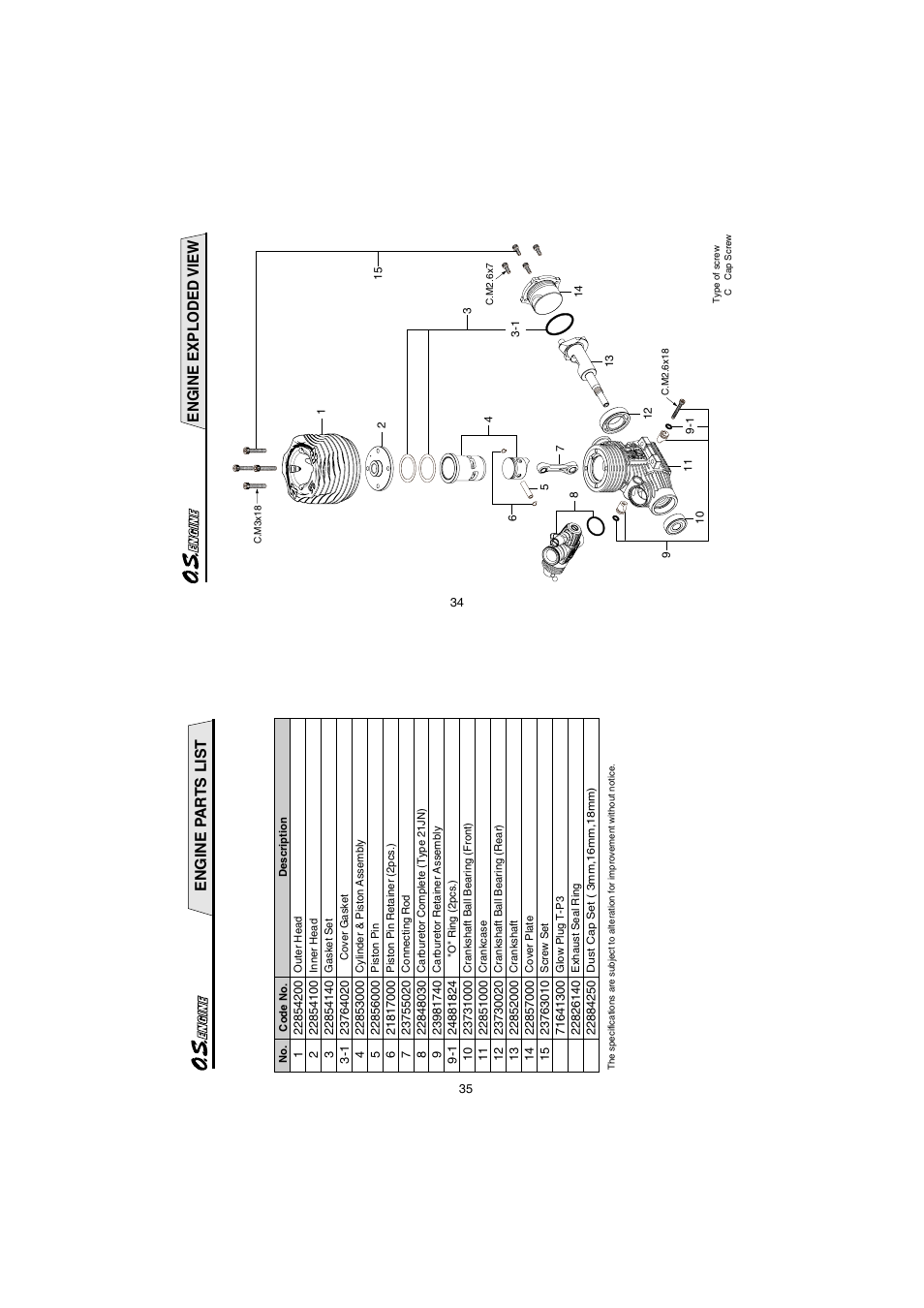 Engine exploded view, Engine pa r ts list | O.S. Engines 25XZ User Manual | Page 18 / 21