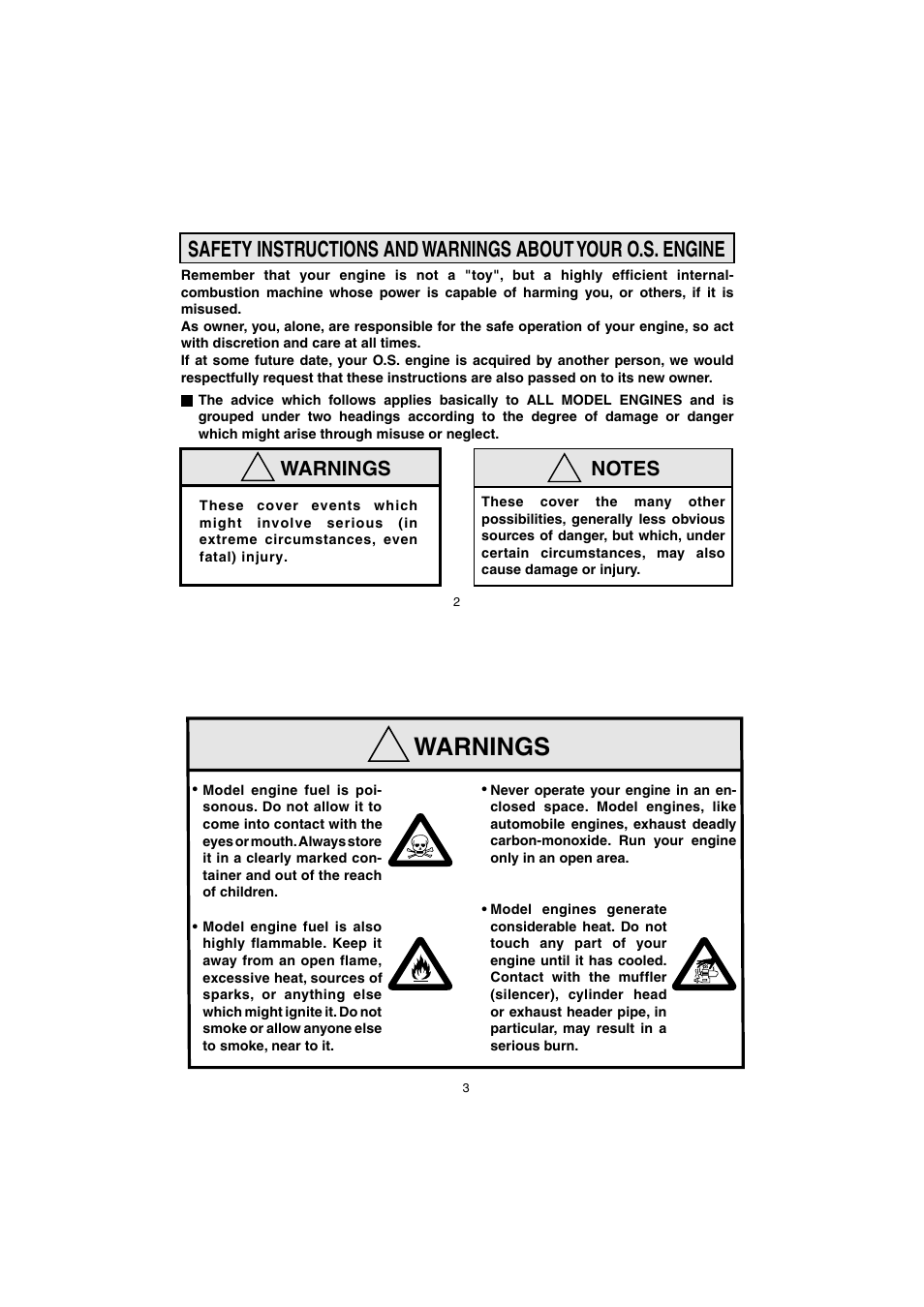 Warnings | O.S. Engines 25XZ User Manual | Page 2 / 21