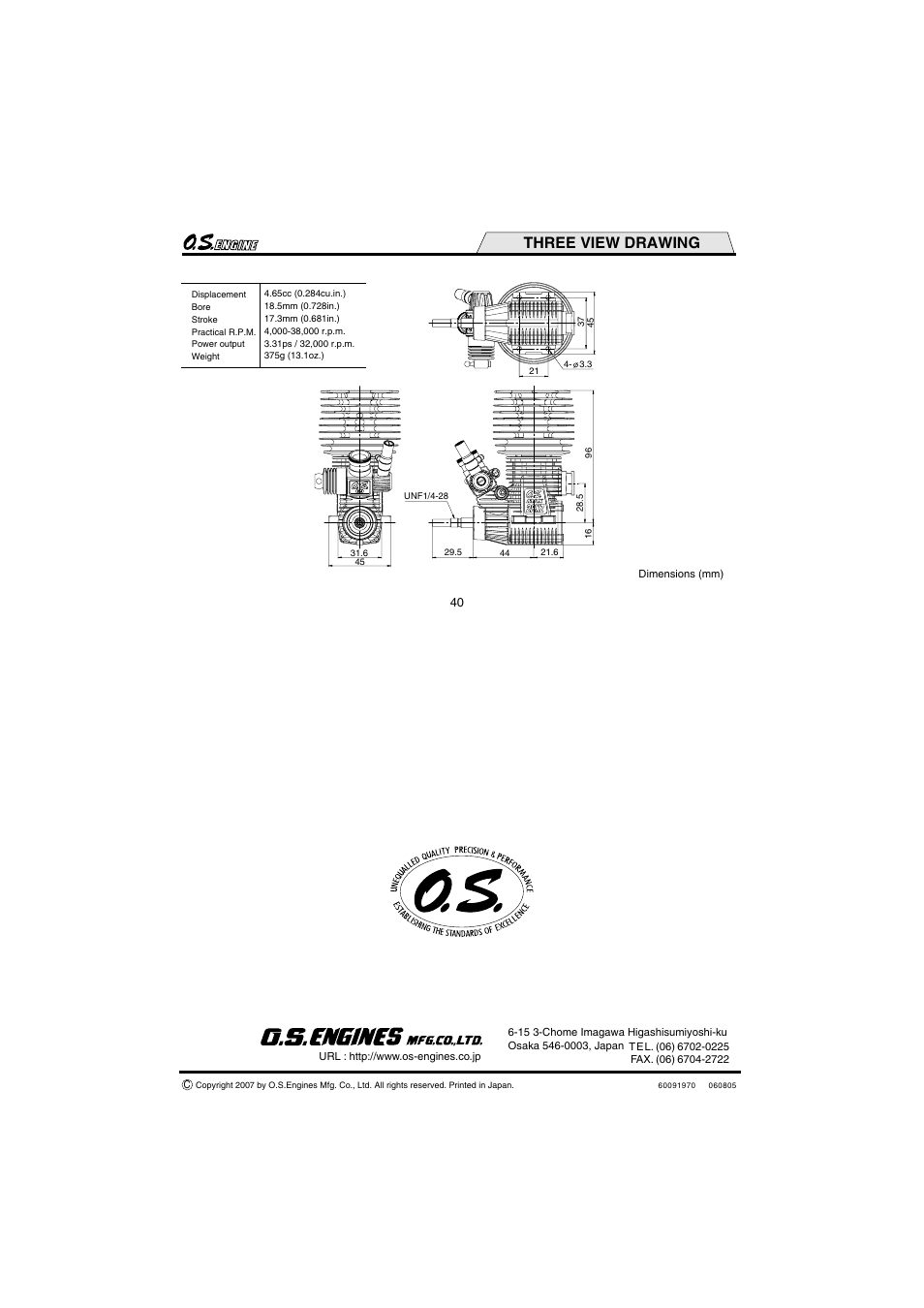 Three view drawing | O.S. Engines 28XZ User Manual | Page 21 / 21