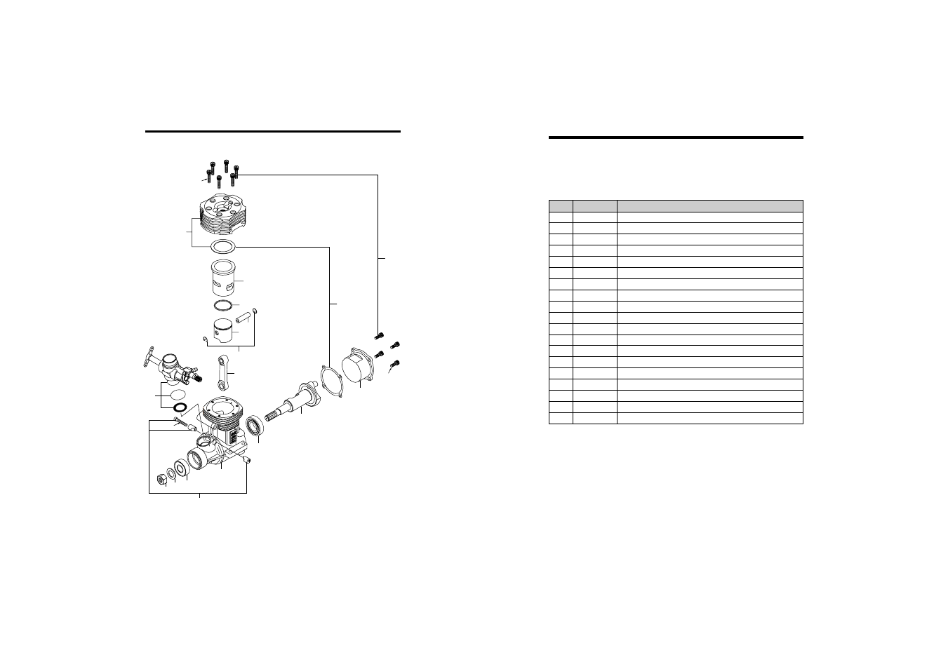 Engine exploded view, Engine parts list | O.S. Engines 50SX-H Hyper User Manual | Page 18 / 21