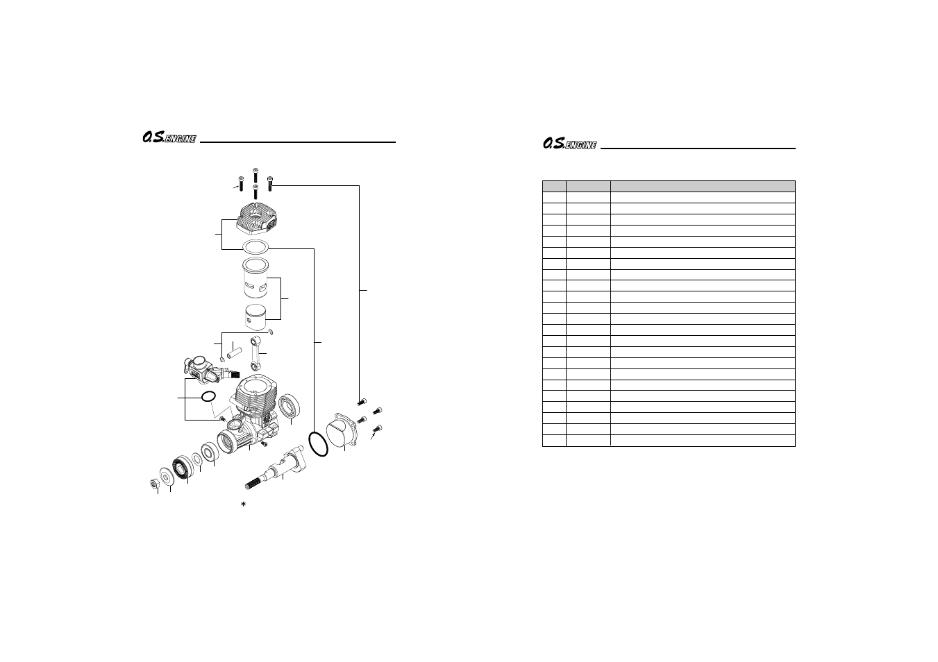 Engine exploded view, Enginen parts list | O.S. Engines 55AX User Manual | Page 21 / 24