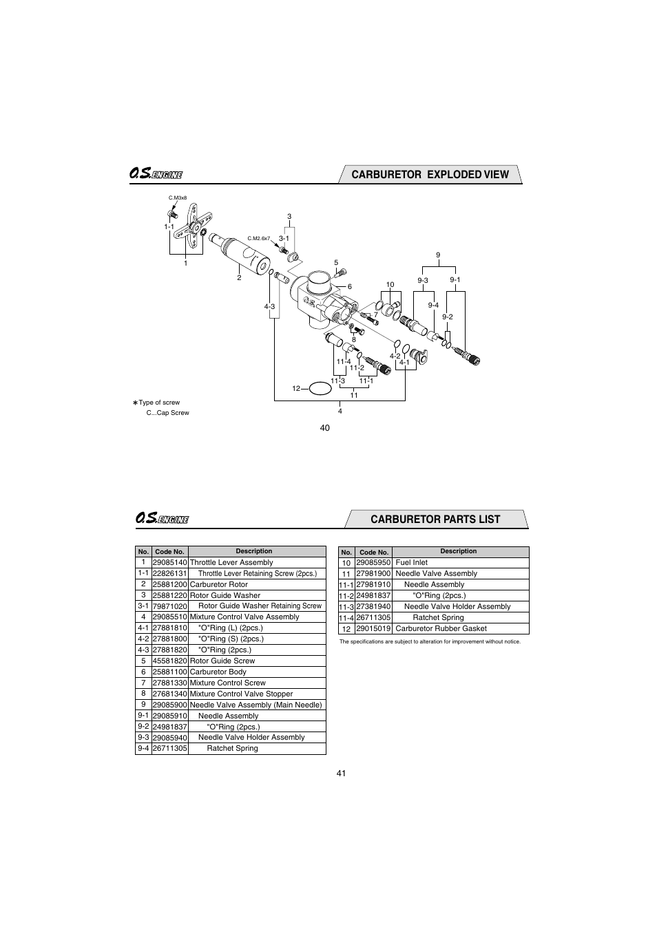 Carburetor exploded view, Carburetor parts list | O.S. Engines 55HZ-H Hyper User Manual | Page 21 / 23